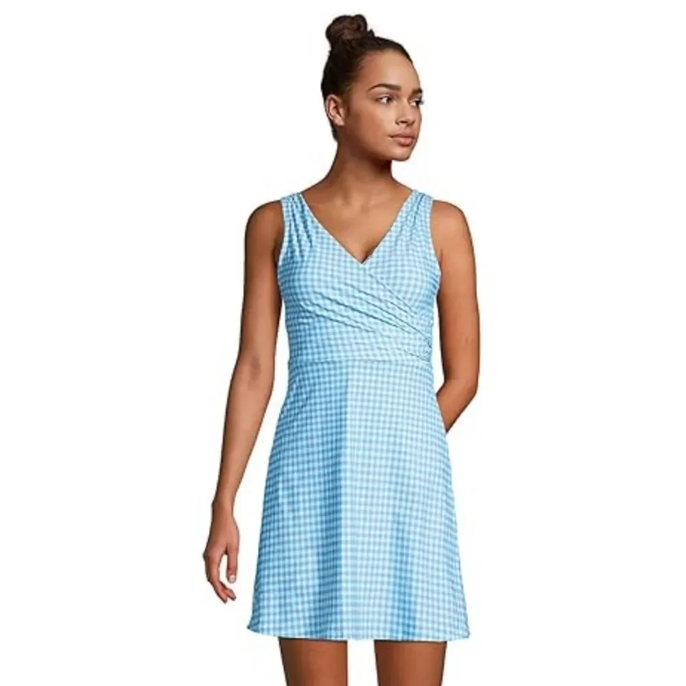 NWT Lands' End Aqua Blue Gingham Tummy Control Swim Dress Size 12 LONG Modest